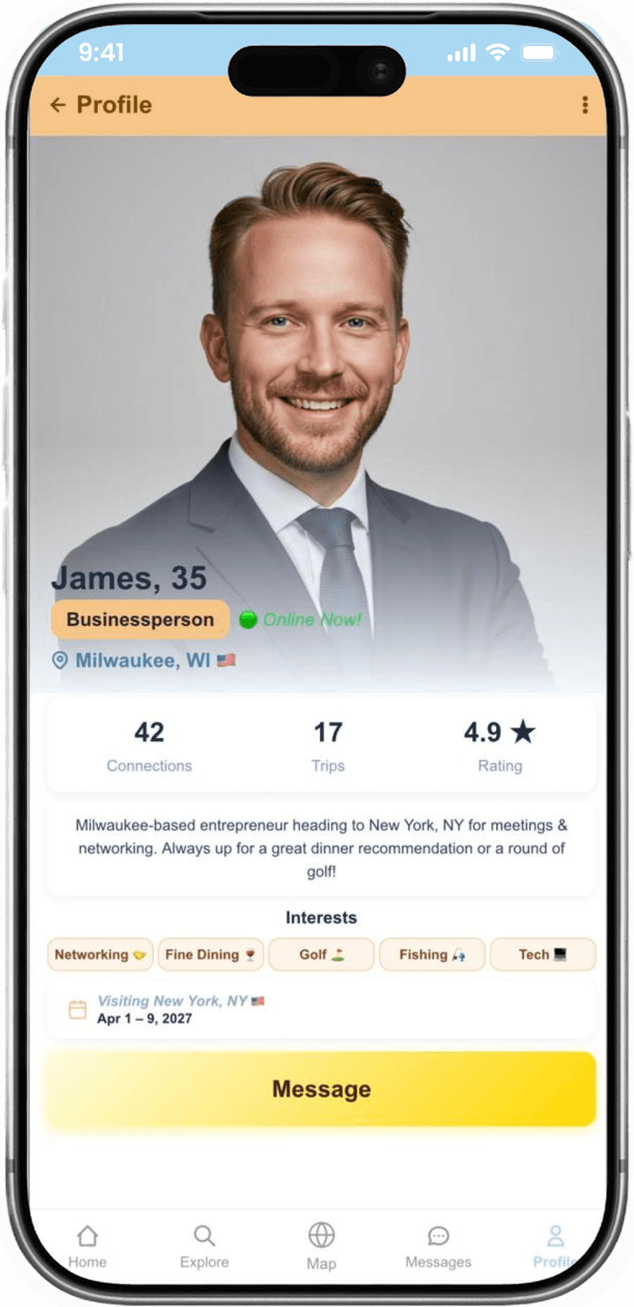 TravelPal business traveler profile showing connections, trips, rating, interests and visit dates
