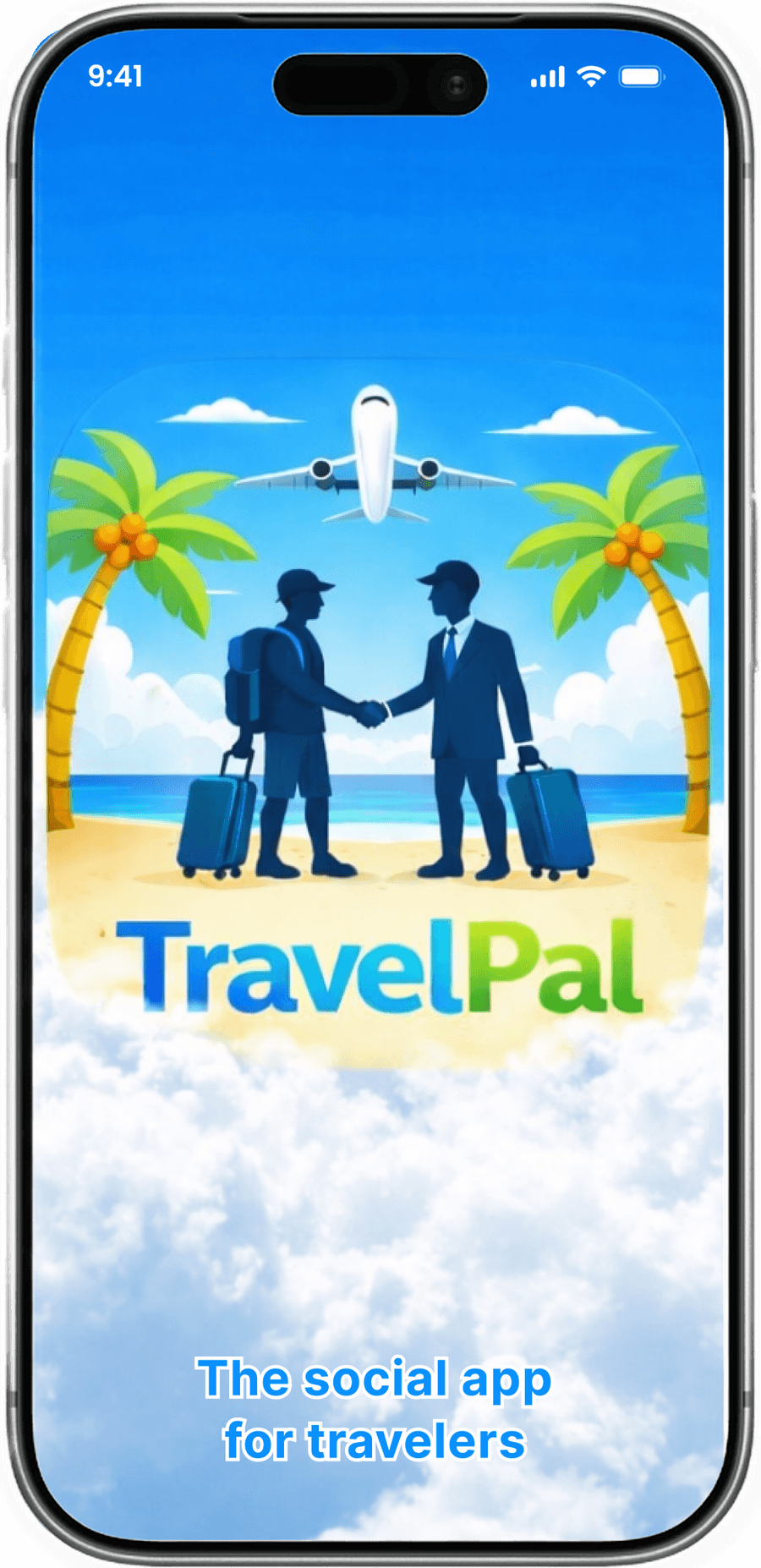 The TravelPal splash screen: two travelers shaking hands on a beach beneath the TravelPal wordmark