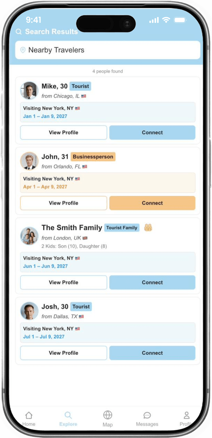 TravelPal search results listing nearby travelers visiting New York with their trip dates and Connect buttons