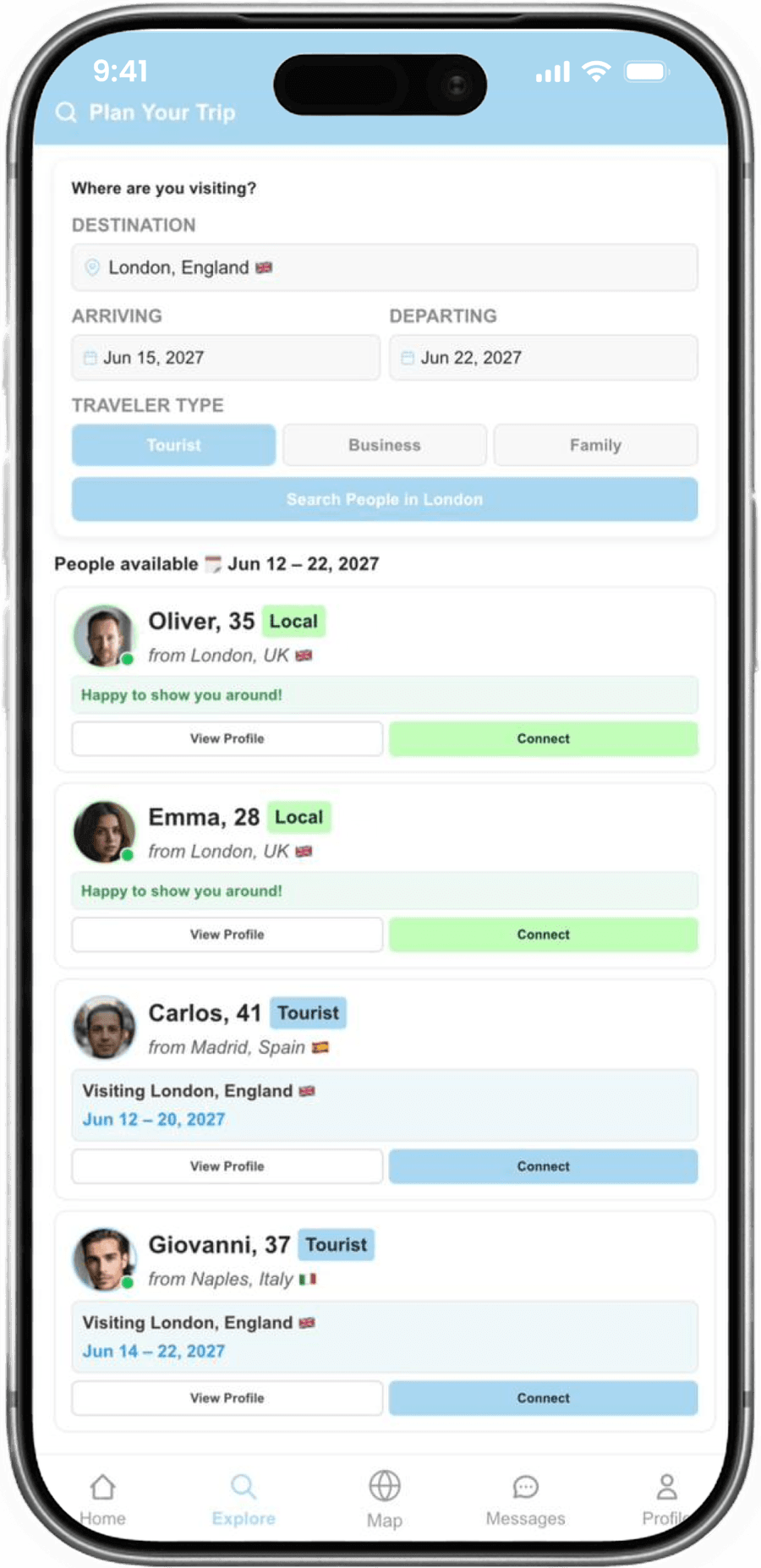TravelPal plan-a-trip screen with destination, arrival and departure dates and traveler type