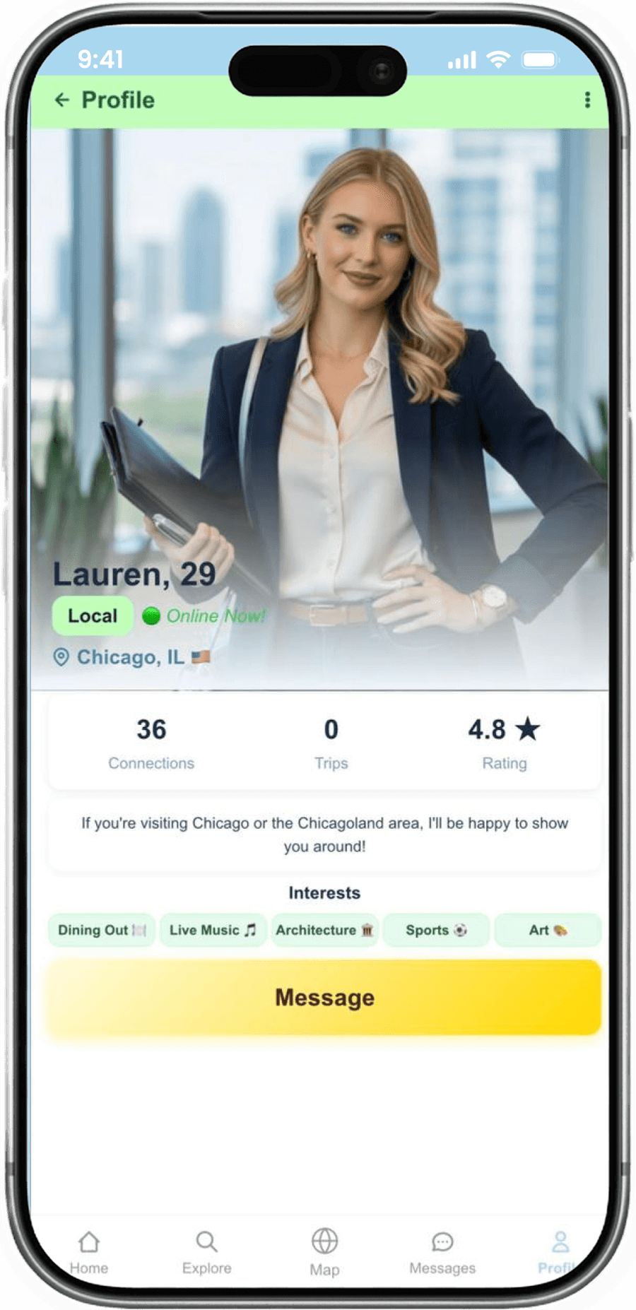TravelPal local profile for Lauren in Chicago, online now, with connections, trips, rating and interests