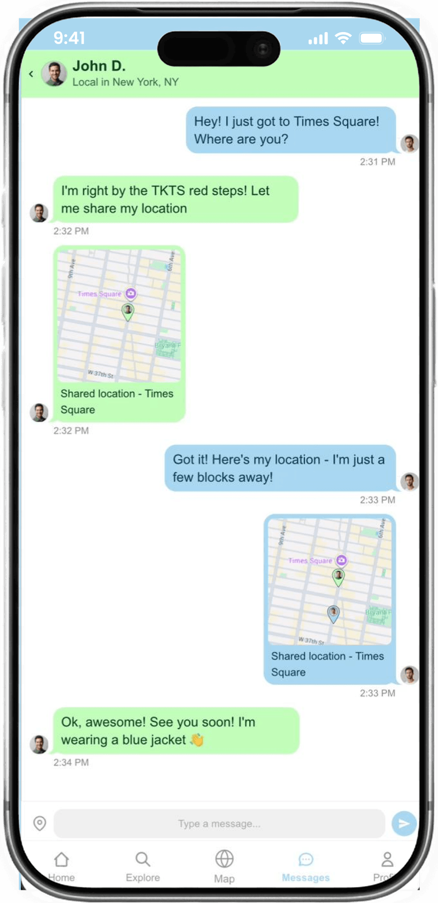 TravelPal chat thread where two people share their live locations to meet at Times Square