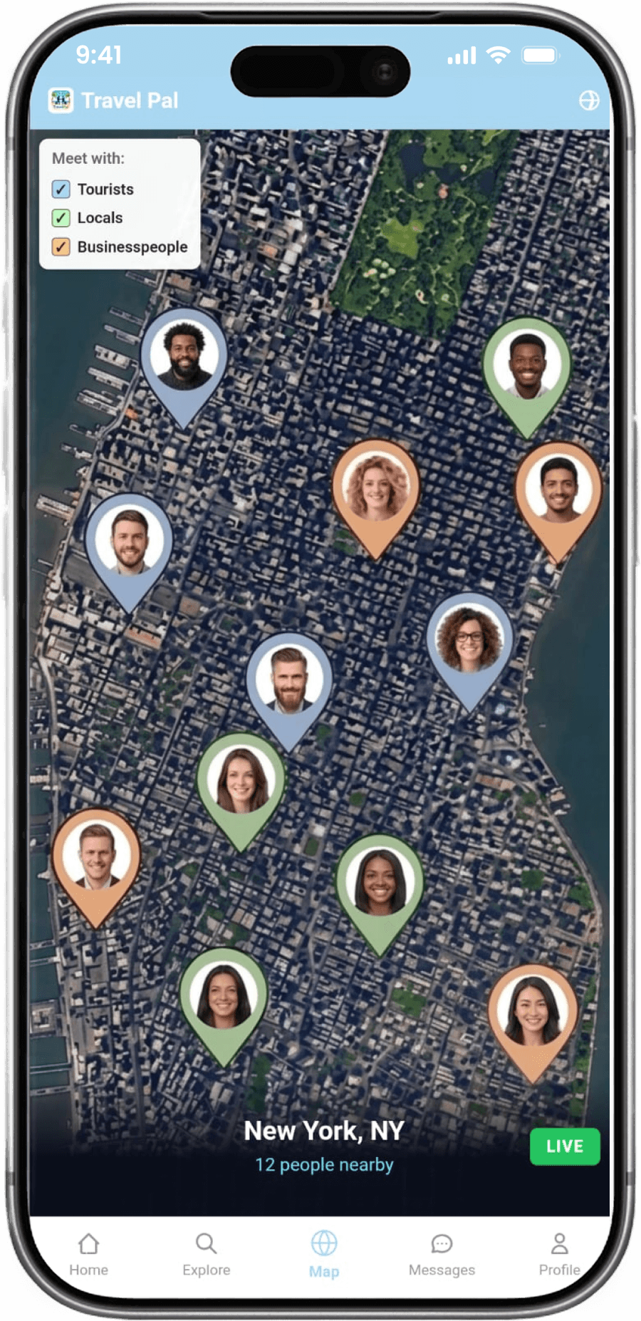 TravelPal live map of New York with color-coded pins for tourists, locals and businesspeople and a LIVE toggle
