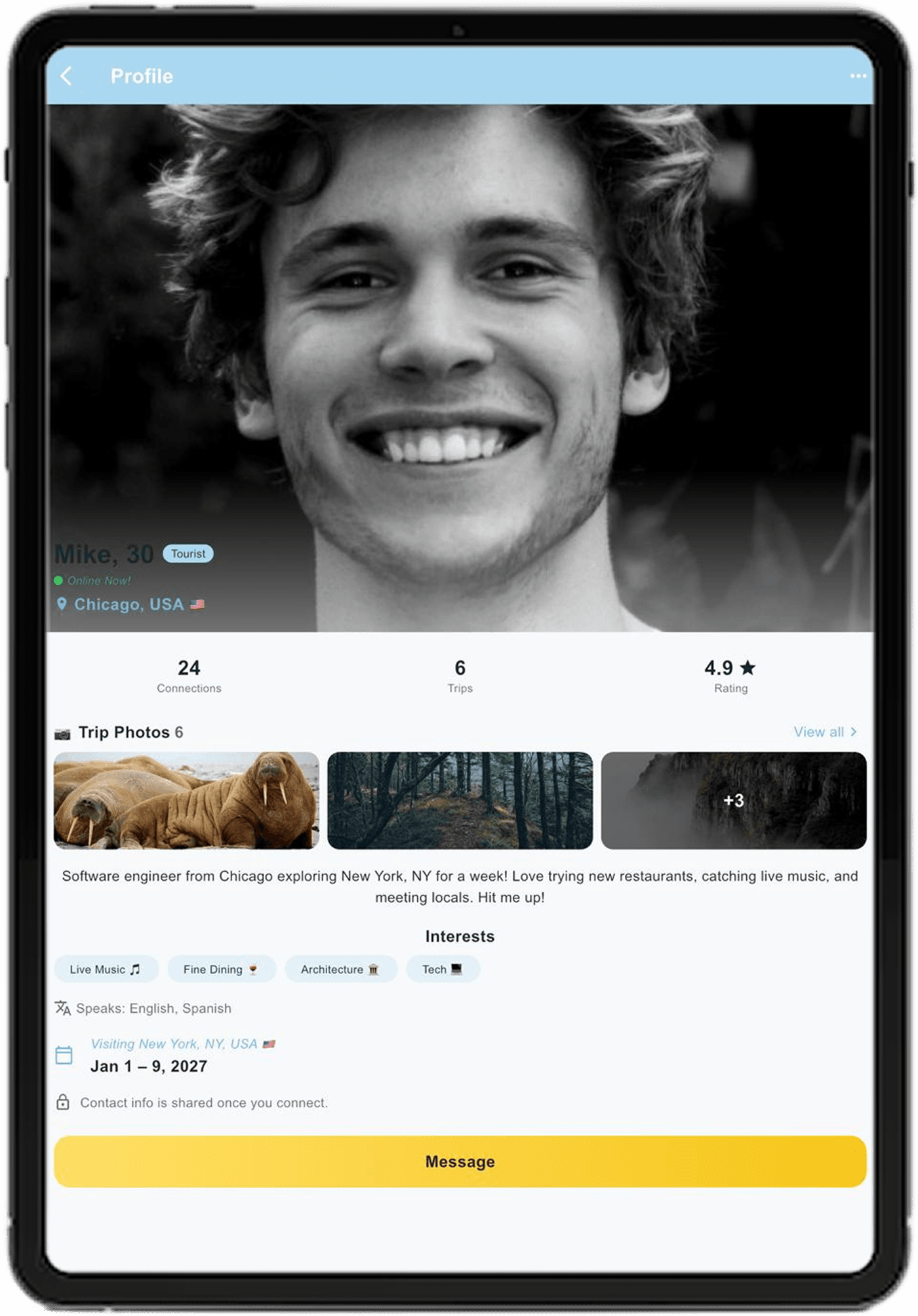 TravelPal on a tablet showing a traveler's profile with their photos, connections, rating and interests